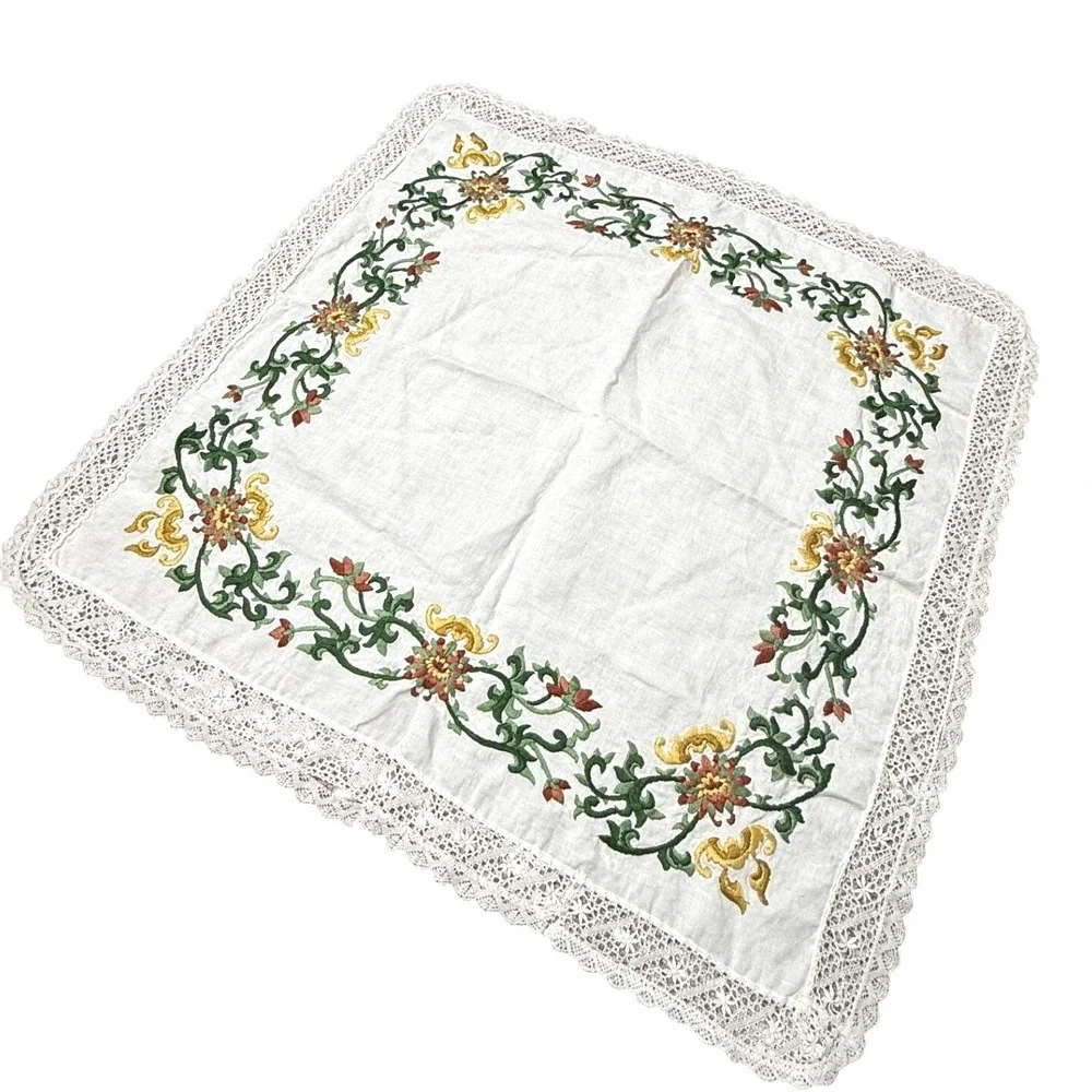 Vintage White Linen Embroidered Floral Lace Trim Square Tablecloth 28x28